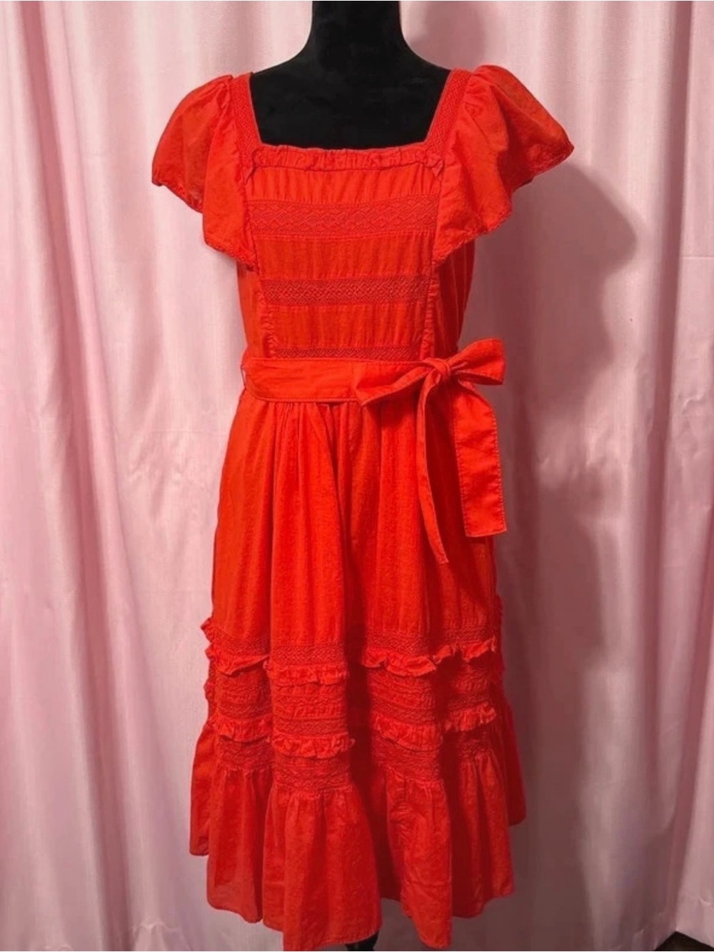 Draper James Red Midi Dress With Ruffles and Lace